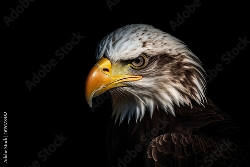  A powerful portrait of an attentive Bald Eagle  its piercing gaze fixed directly into the camera  embodying strength and focus.  Generative AI