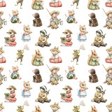 Seamless pattern with vintage variety set of cute animals in vintage clothes isolated on white background. Watercolor hand drawn illustration sketch