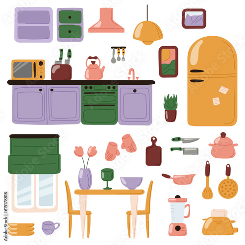 Interior of kitchen, furniture composition set and accessories for design. Equipment elements for kitchen cooking vector illustration in flat hand drawn style. Isolated on a white background.