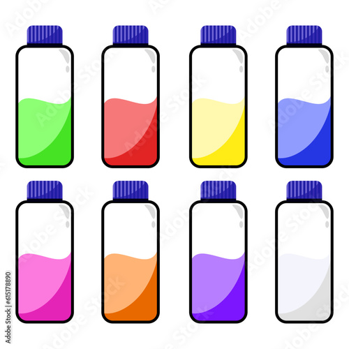 Colorful liquid in clear bottles in flat vector illustration design