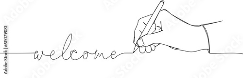 continuous single line drawing of hand with pen writing word WELCOME, line art vector illustration photo