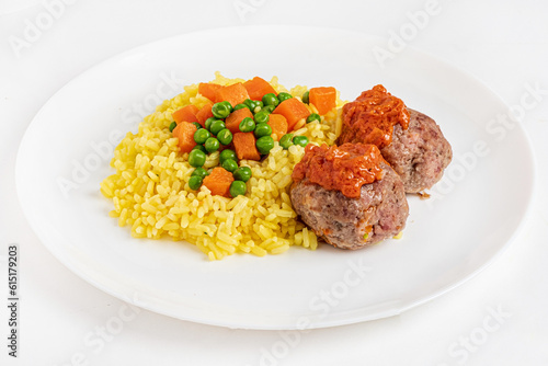 meatballs with rice on white plate