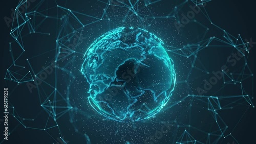 Abstract 3D scientific technology data network dot point and line surrounding planet Earth conveying connectivity, complexity, animation seamless loop