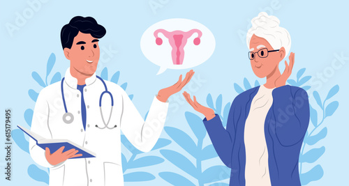 Uterine Fibroids symptoms, diagnostic and treatment. A doctor is talking to a patient with uterine fibroids. July is fibroid awareness month. Consultation of a gynecologist.