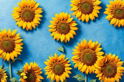 Beautiful yellow sunflowers on blue background. Top view.