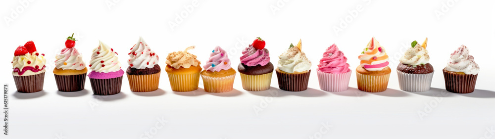 Banner with colorful cupcakes on isolated white background. Generative AI