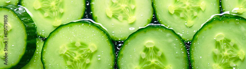 Banner with cucumber slices. Water drops. Background. Generative AI photo