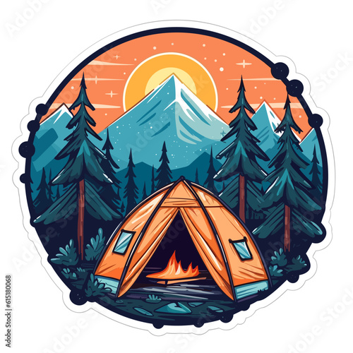 Camping in a tent in the countryside. A family holiday in a tent. Cartoon vector illustration. label, sticker