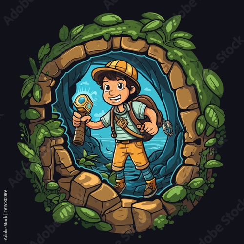 Online navigation, GPS and compass navigation. Adventure Geocaching treasure hunt in nature. Cartoon vector illustration.