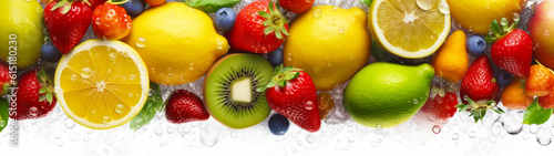 Banner with fresh fruits with water drops, isolated on white background. Food background, wallpaper, screensaver. Generative AI  © Катерина Нагірна