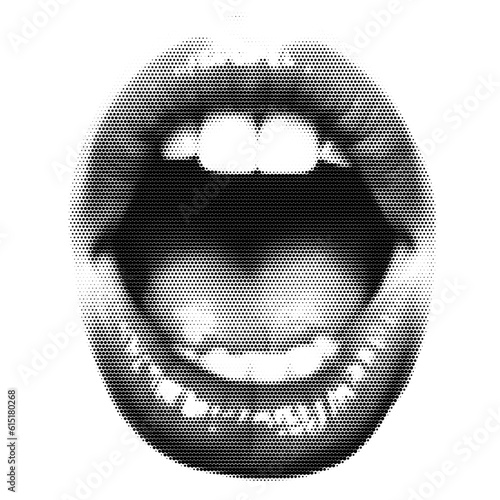 Woman's open lips as retro halftone collage elements for mixed media designs. Screaming mouth in a half-tone texture with a dotted pop art style. Vector illustration of old grungepunk art templates.