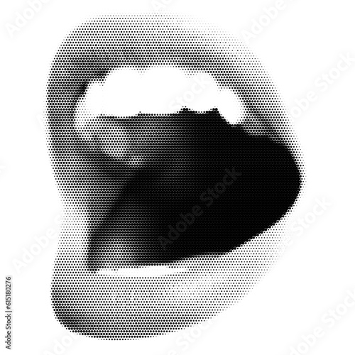 Woman's open lips as retro halftone collage elements for mixed media designs. Screaming mouth in a half-tone texture with a dotted pop art style. Vector illustration of old grungepunk art templates.