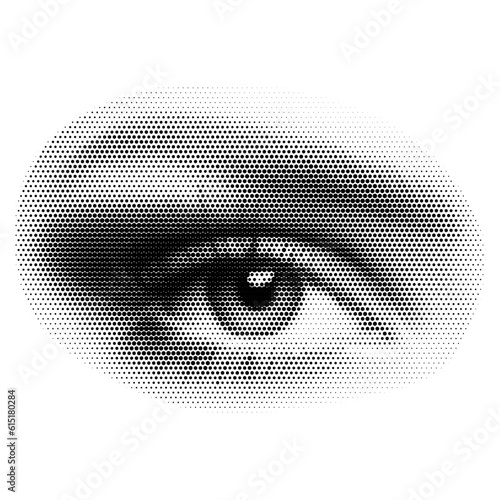 Retro halftone collage eye for use in mixed media designs. Dotted pop art style open human eye with half-tone texture. Vector illustration of vintage grunge punk crazy art stencils.