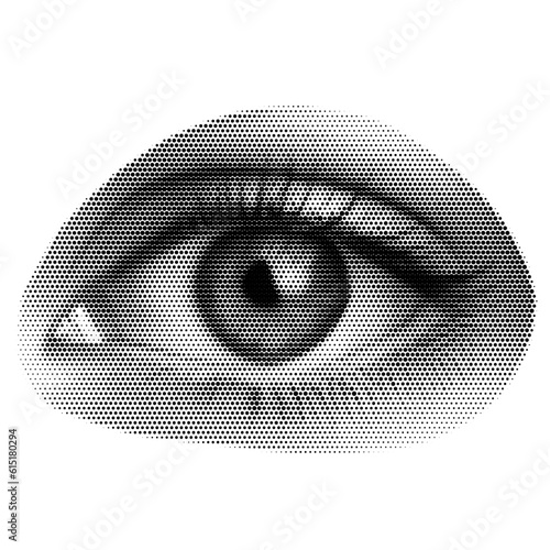Retro halftone collage eye for use in mixed media designs. Dotted pop art style open human eye with half-tone texture. Vector illustration of vintage grunge punk crazy art stencils.