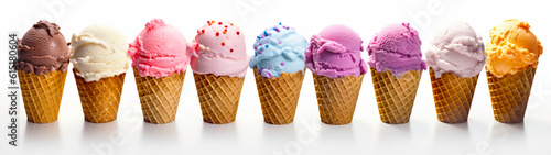 Banner with colorful ice cream cones on white background. Generative AI