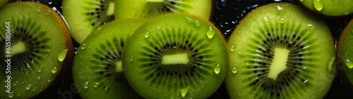 Banner with kiwi slices with water background. Close up, water drops. Generative AI