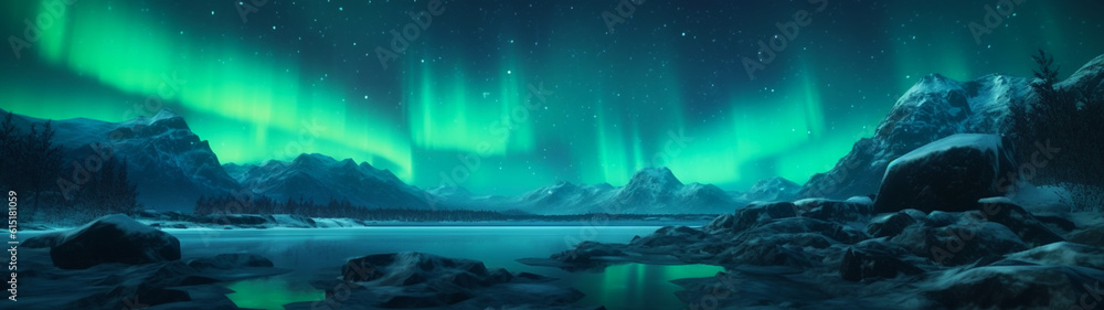 Northern lights on the background of snowy mountains. Banner, wallpaper, background. Generative AI