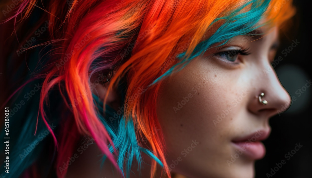 One young adult woman, with cute hairstyle, smiling at camera generated by AI One young adult woman, with cute hairstyle, smiling at camera generated by AI