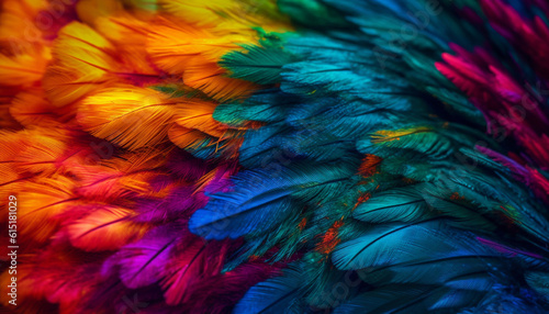 Vibrant colored macaw with fluffy tail in nature backdrop generated by AI
