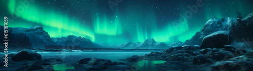Northern lights on the background of snowy mountains. Banner, wallpaper, background. Generative AI