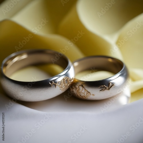 Two wedding rings with the word love on them Generative AI