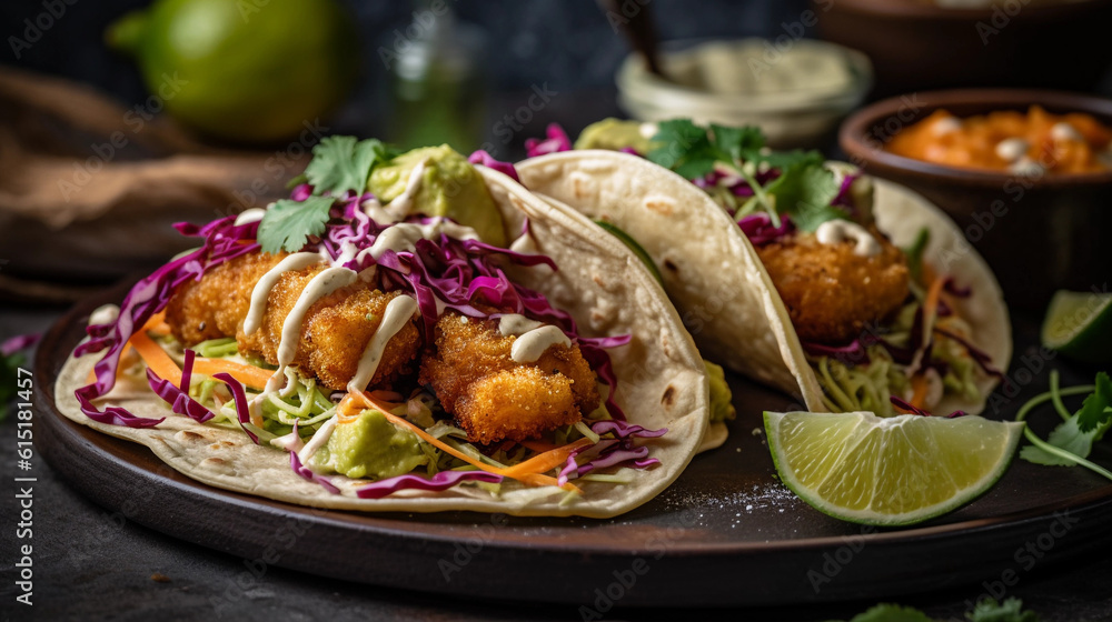 A plate of crispy and golden fish tacos topped with tangy slaw and creamy avocado sauce A plate of crispy and golden fish tacos topped with tangy slaw and creamy avocado sauce