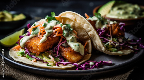 A plate of crispy and golden fish tacos topped with tangy slaw and creamy avocado sauce