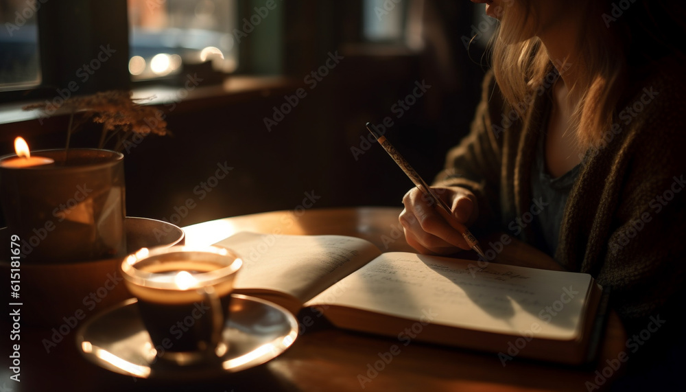 One woman enjoys reading and coffee in comfortable home interior generated by AI One woman enjoys reading and coffee in comfortable home interior generated by AI