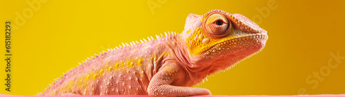 Banner with chameleon on isolated yellow background. Generative AI