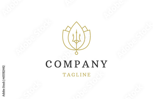 Lotus with trident line logo icon design template flat vector