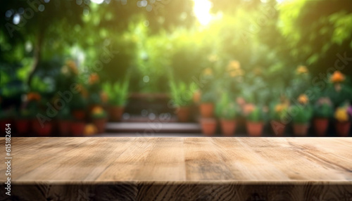 Empty wooden table and blurred background of garden. Ready for product display montage.