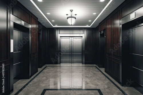 Interior of a hotel corridor lift room with black doors, wooden wall and lamps. High quality photo