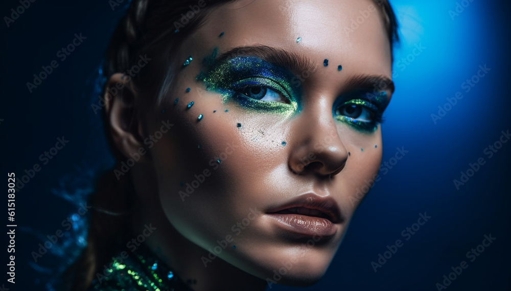 Beautiful young woman with vibrant blue eyes and futuristic feather generated by AI Beautiful young woman with vibrant blue eyes and futuristic feather generated by AI