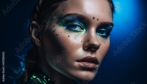 Beautiful young woman with vibrant blue eyes and futuristic feather generated by AI