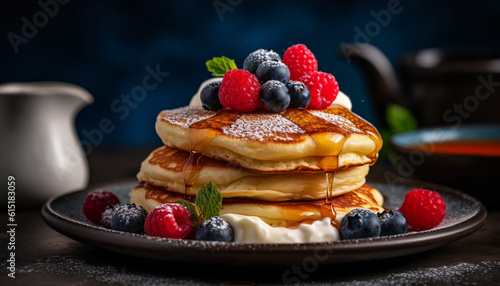 A stack of homemade blueberry pancakes with raspberry syrup drizzle generated by AI