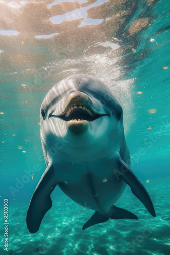 Underwater photo of joyful and optimistic dolphin