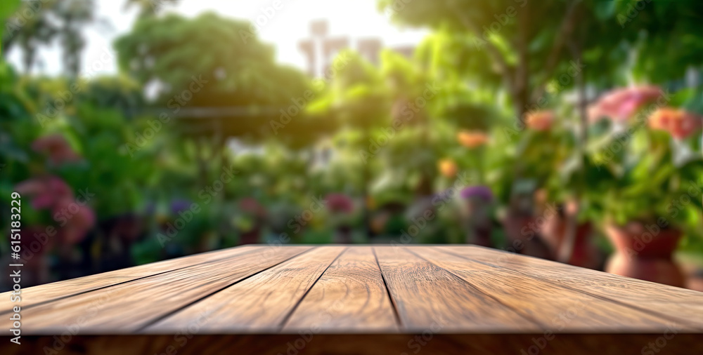 Empty wooden table and blurred background of home garden, product display montage. High quality photo Empty wooden table and blurred background of home garden, product display montage. High quality photo