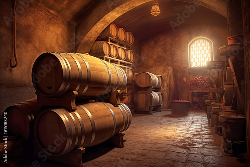 Wine Vault. Wooden barrels with an alcoholic drink. photo