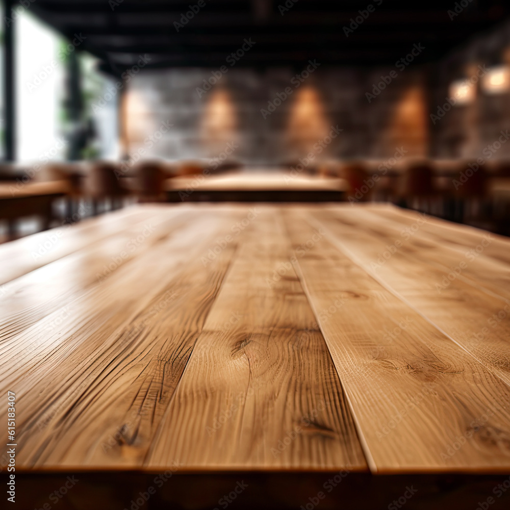 Empty wooden table counter top and restaurant blur background with bokeh image. High quality photo Empty wooden table counter top and restaurant blur background with bokeh image. High quality photo