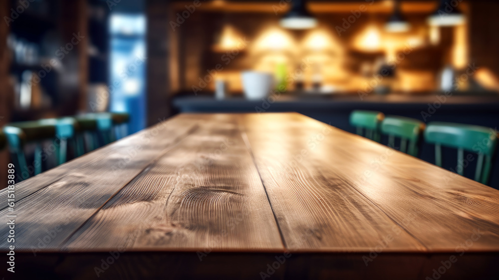 Empty wooden counter table in front of cafe or restaurant blurred background. High quality photo Empty wooden counter table in front of cafe or restaurant blurred background. High quality photo