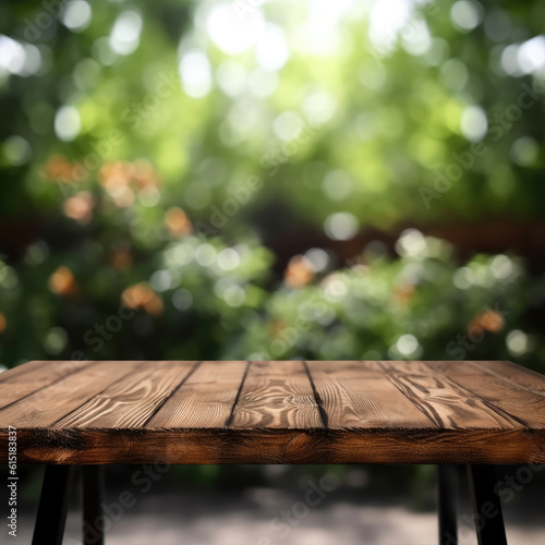 Empty table for product display montages with green garden home background. High quality photo