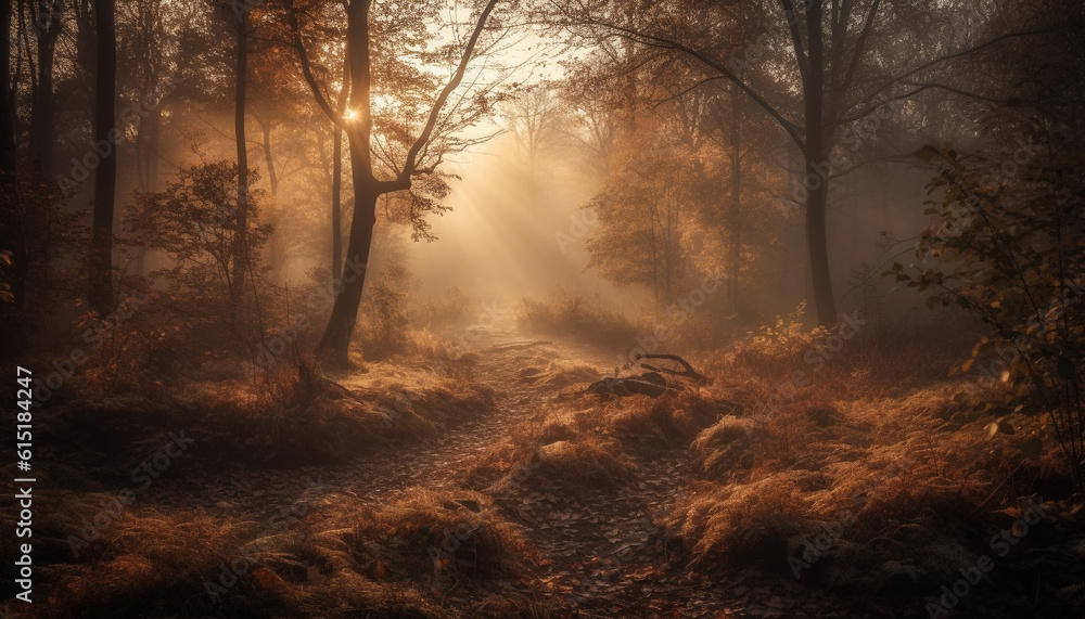 A foggy autumn morning, mystery in the tranquil forest generated by AI A foggy autumn morning, mystery in the tranquil forest generated by AI