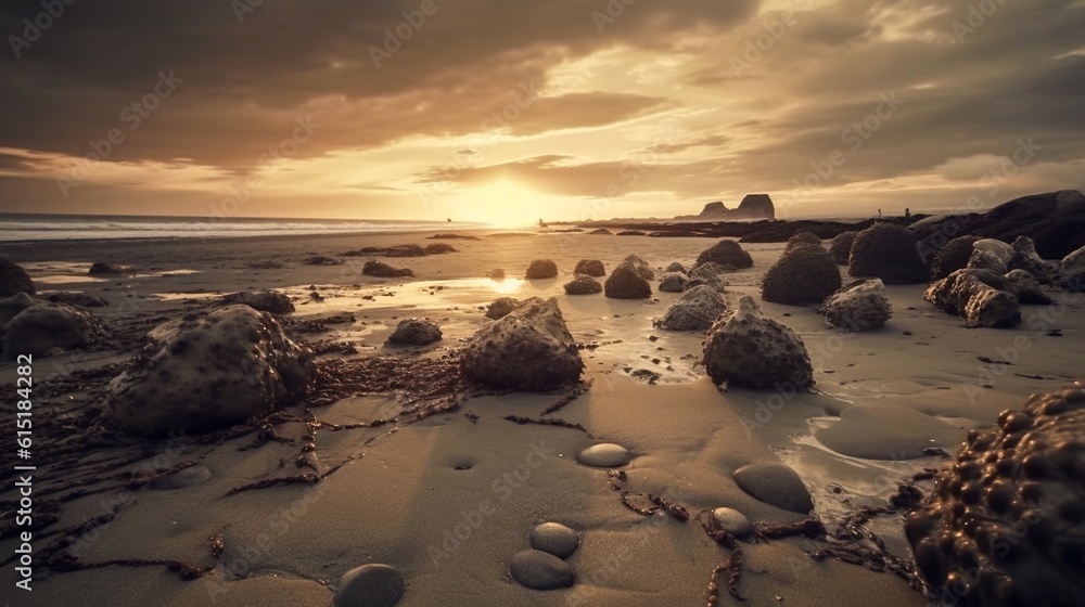 Sunset on the beach with rocks and sand. Toned. Generative AI. Sunset on the beach with rocks and sand. Toned. Generative AI.