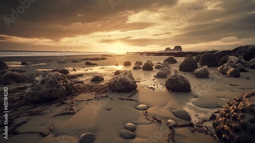 Sunset on the beach with rocks and sand. Toned. Generative AI.