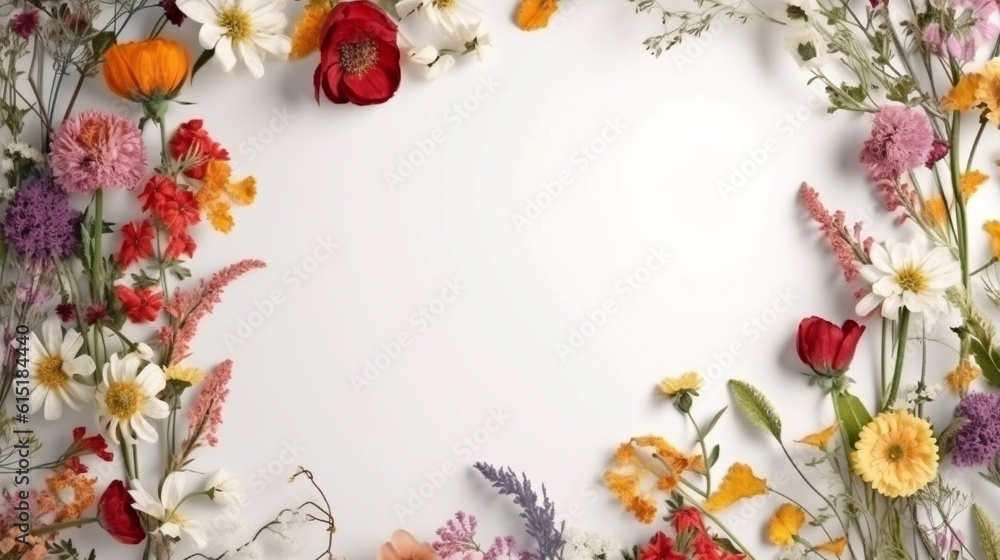 Frame made of flowers on white background. Flat lay, top view, copy space. Generative AI.