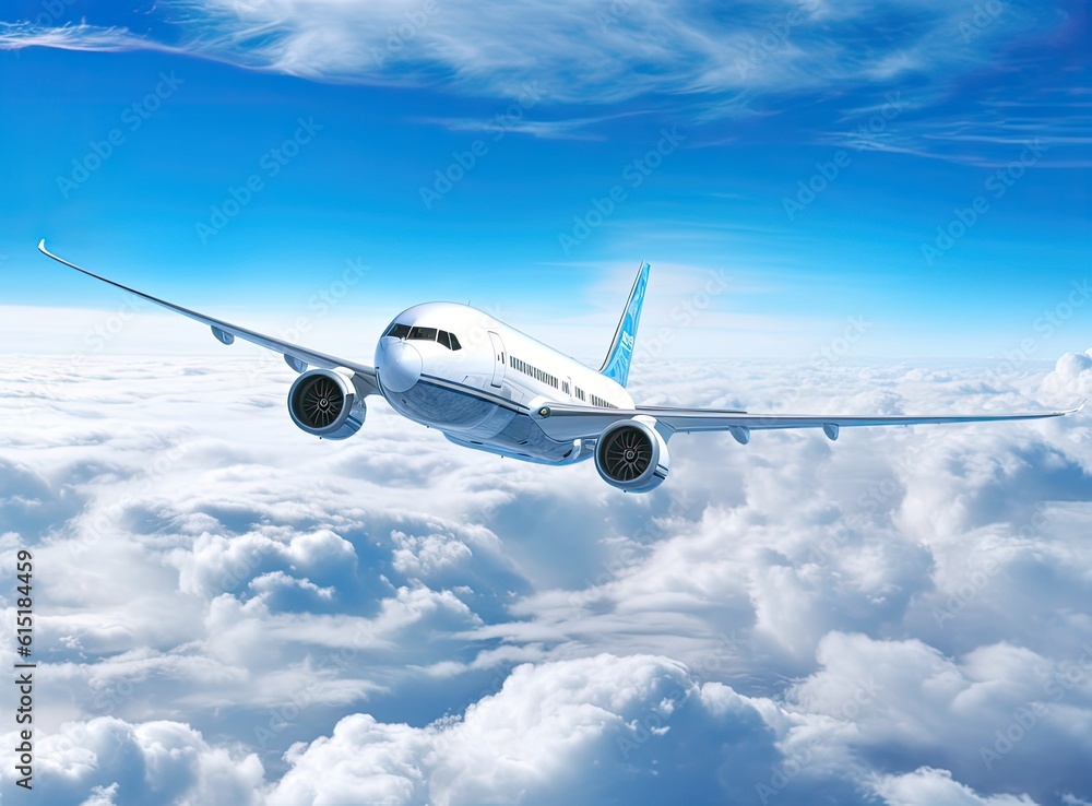 Fototapeta premium White plane in the sky, white clouds. Created with Generative AI technology.