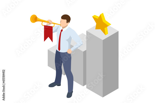 Isometric man playing his Trumpet. Musical instrument trumpet