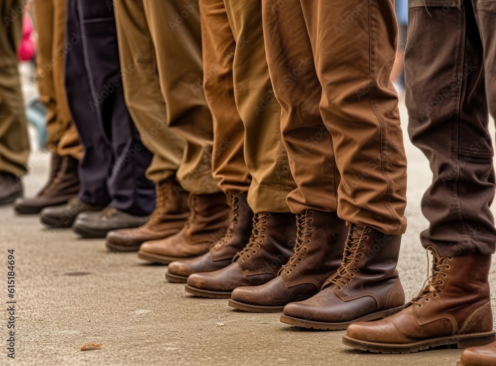 Military boots on the legs of soldiers in a row. Created with Generative AI technology. Military boots on the legs of soldiers in a row. Created with Generative AI technology.