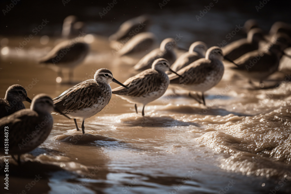 A flock of birds standing on top of a sandy beach Generative Ai A flock of birds standing on top of a sandy beach Generative Ai