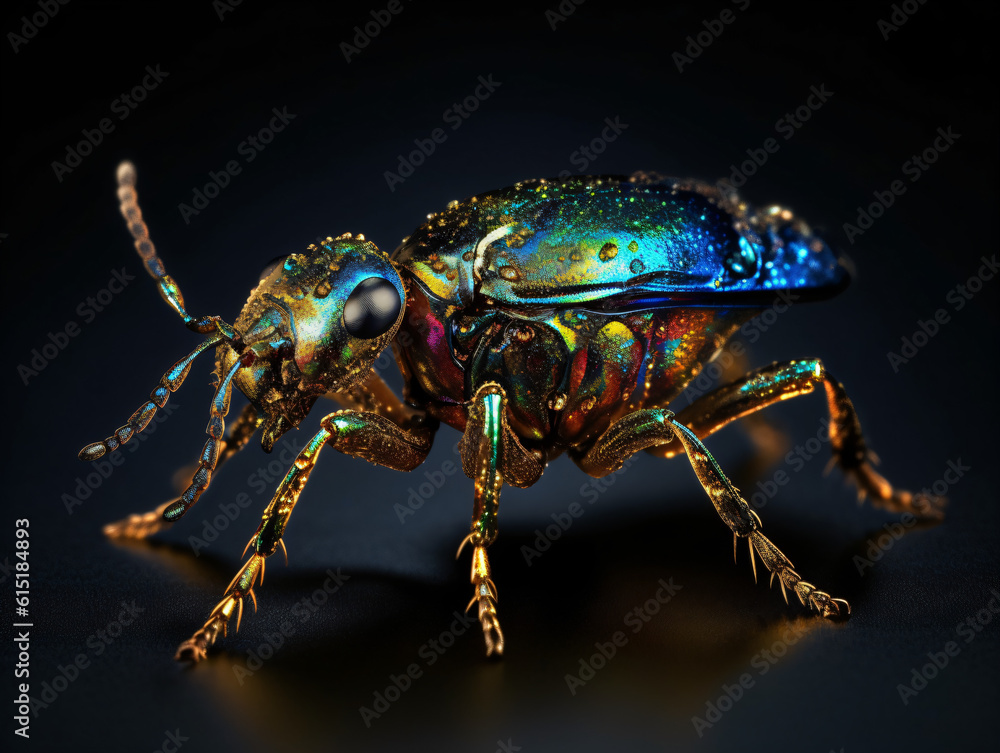 Fototapeta premium A close up of a colorful neon insect on a black background Generative Ai